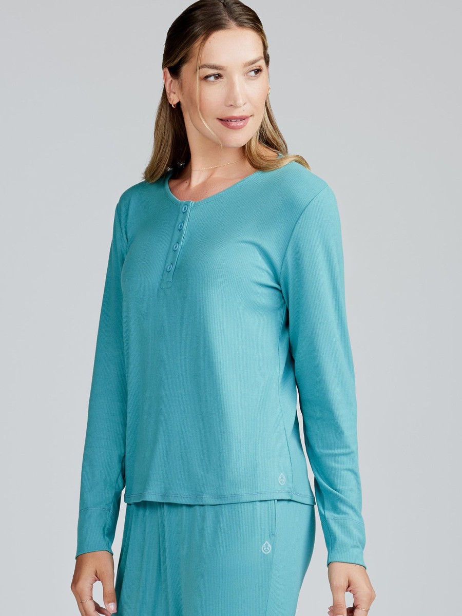 Women'S tasc Performance Sleep | Microluxe Rib Long Sleeve Henley Lagoon